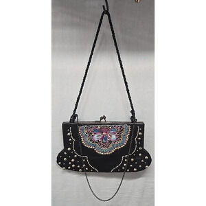 VTG Beaded Satin Shoulder Clutch Bag Purse Beading Black Kisslock